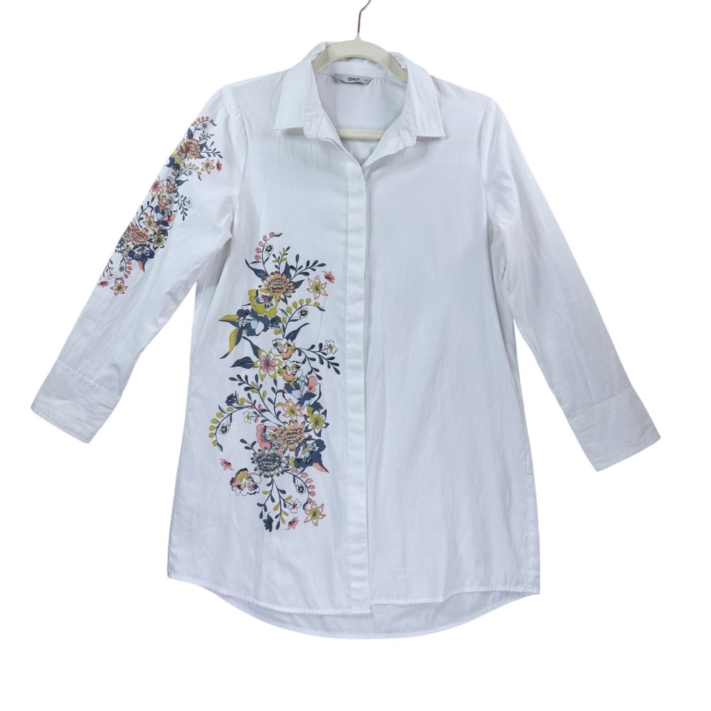 ONLY Floral Embroidered Button Front Shirt Womens Size 36 White Long Tunic Top